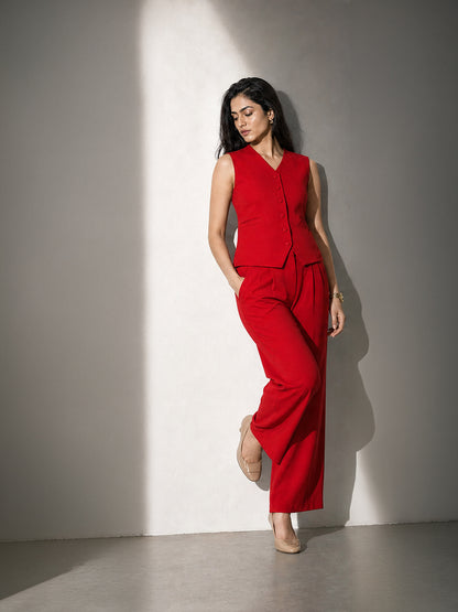 Exude Elusiveness Solid Wide Leg Trousers With Waist-Coat Top Co-ord (RED)