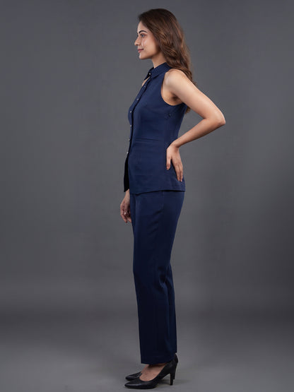 Navy Blue Halter Collar Top &amp; Straight Leg Trouser Co-ord Set