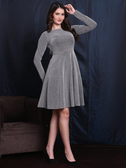 Exude Gilded Dreams Silver Glitter Backless A-line Dress, Padded comfort