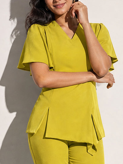 Lime Green Flutter Sleeve Asymmetric Top