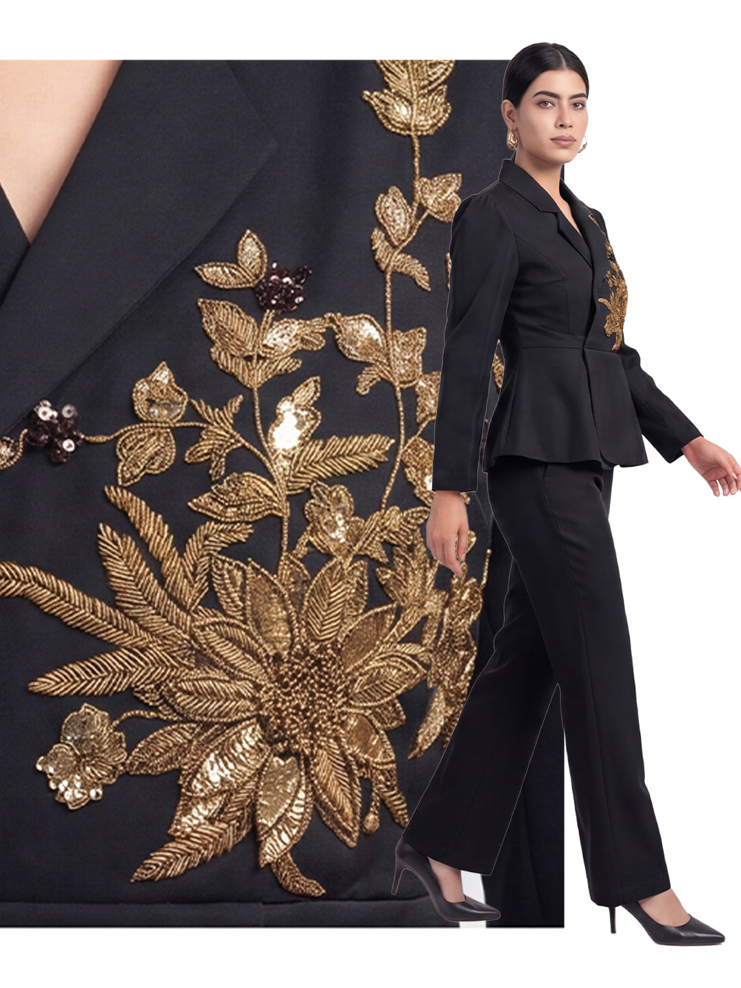 Exude Scarlet Bloom Embroidered Blazer Set (Black)