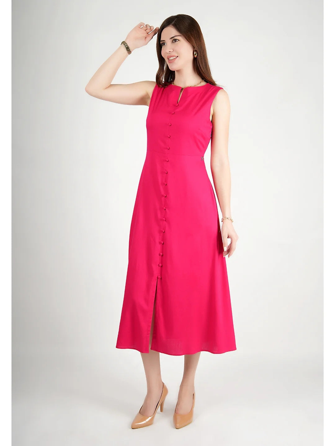 Exude Glowing Front Button Dress With Pockets Fuscia Dresses