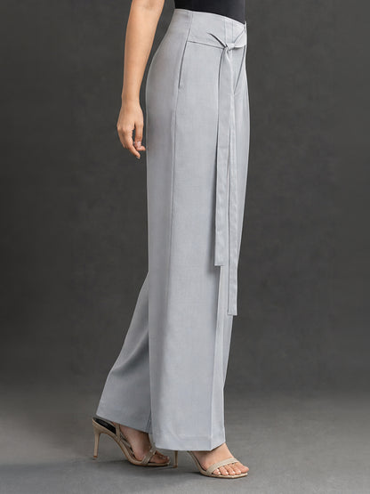 Grey High-Waist Wide Leg Trousers with Tie Belt