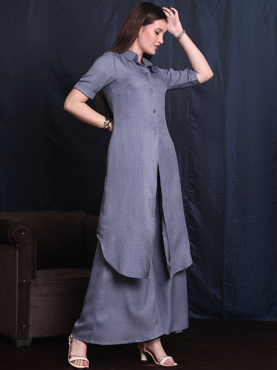 Exude Brave Heart Linen Wide Leg and Collar Top Set 