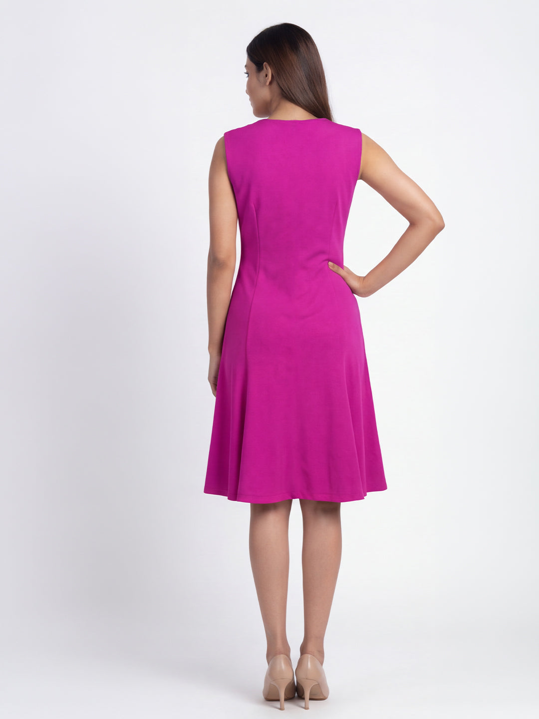 Exude Appeal Flared V-neck Dress (Hot Pink)