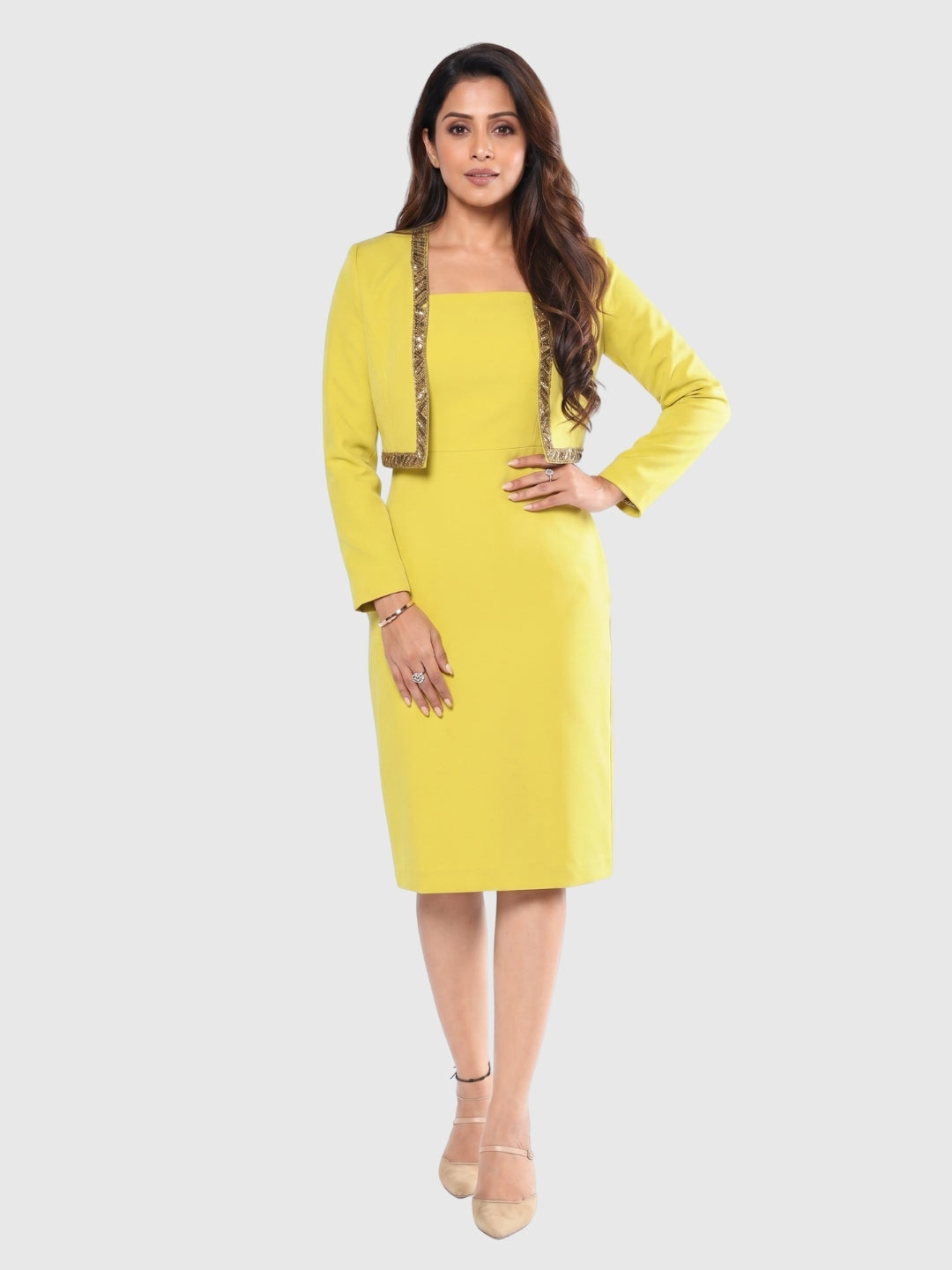 Exude Yellow Embellished Cropped Blazer