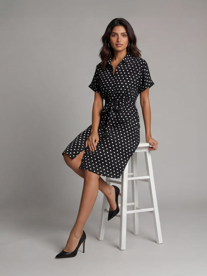 Exude Midnight Polka Tie knot dress