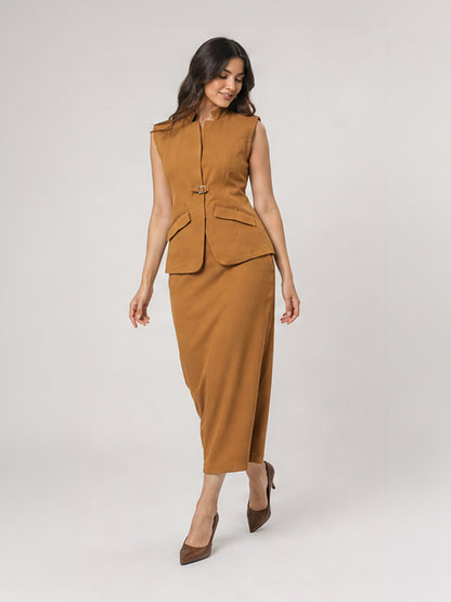 Buckle-Detail Peplum Top &amp; Pencil Skirt Set