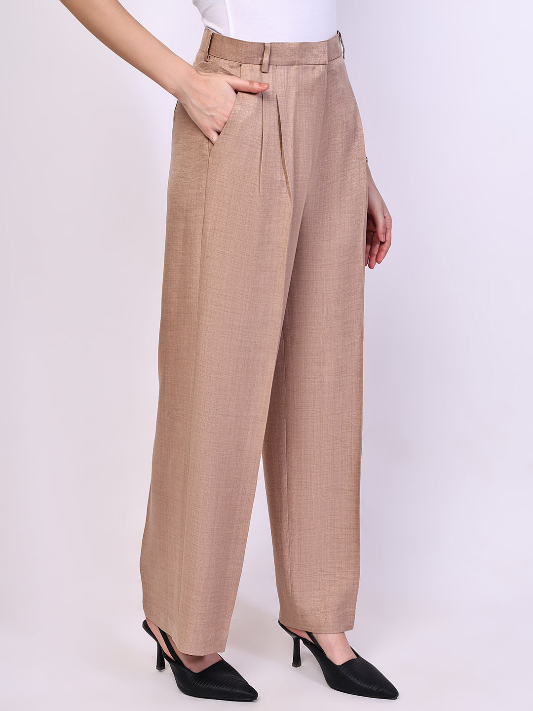Exude Timeless Threads Straight Fit Trousers with Pockets (Beige)