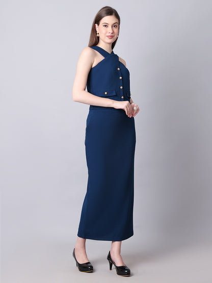 Exude Runway-Ready Long Skirt with Halter Top (Royal Blue)
