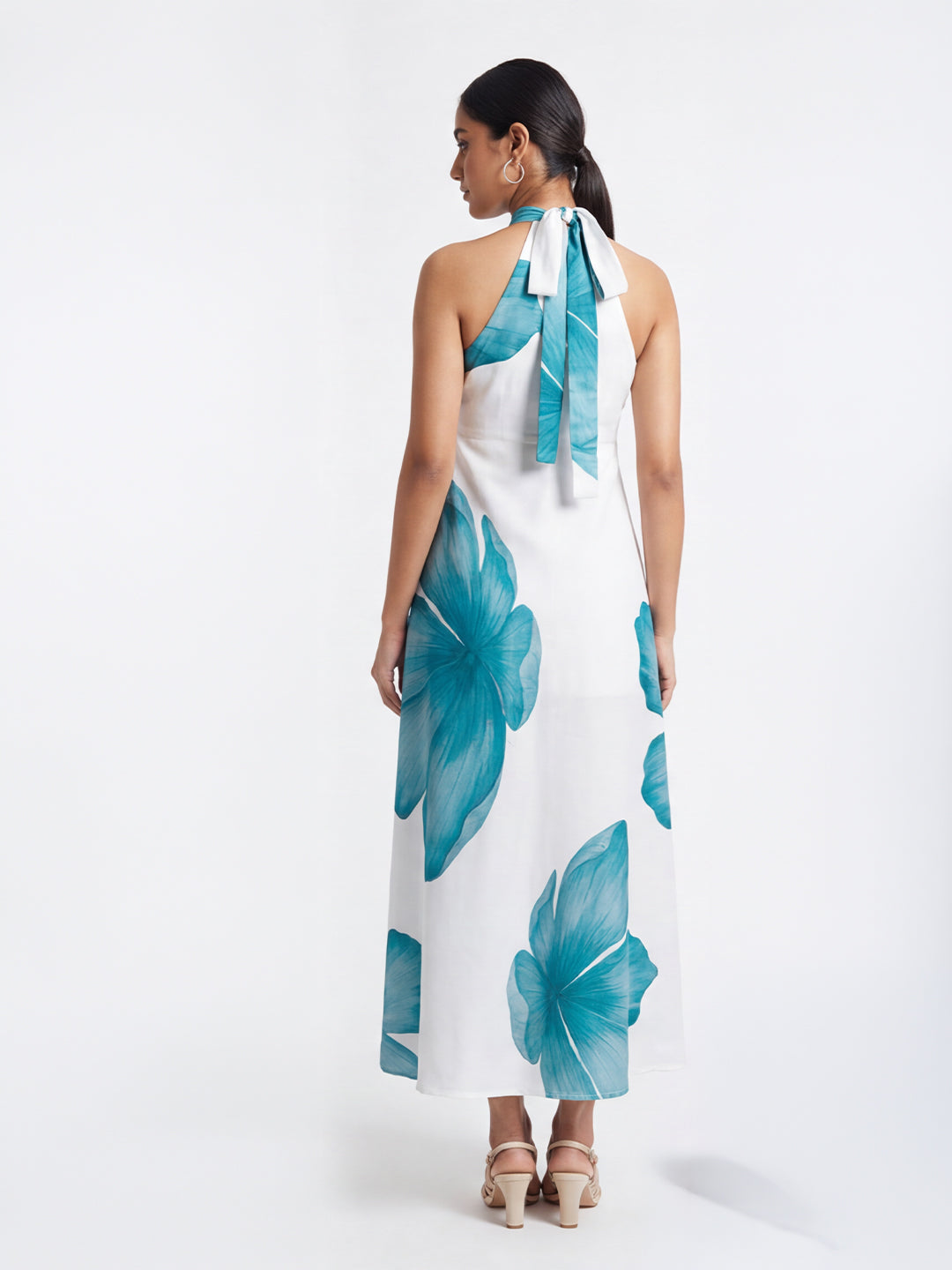 Exude Azure Bloom Cross-Halter Midi Dress