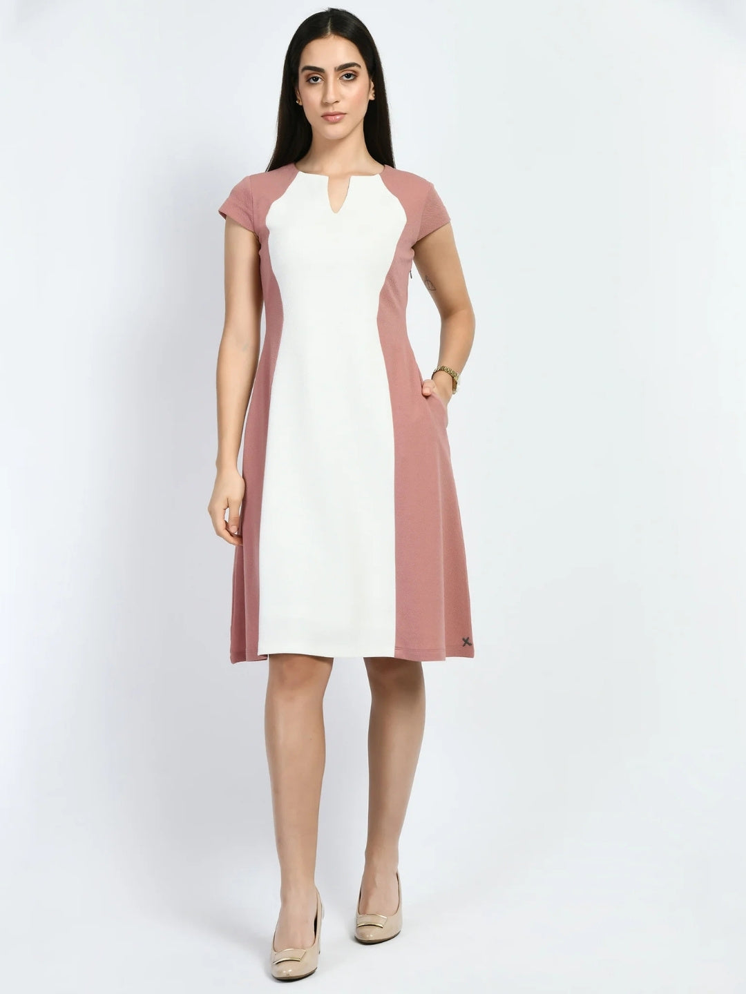 Exude Awe Colour-blocked Sculpt A-line Dress Cherry Pink Dresses