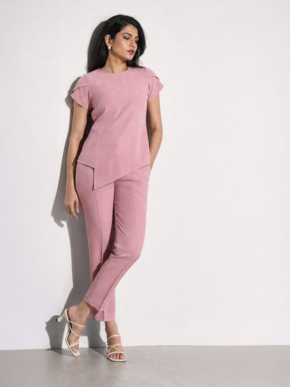 Exude Iconic Asymetrical Top with Straight Fit Trouser Co-ord (Dusty Pink)