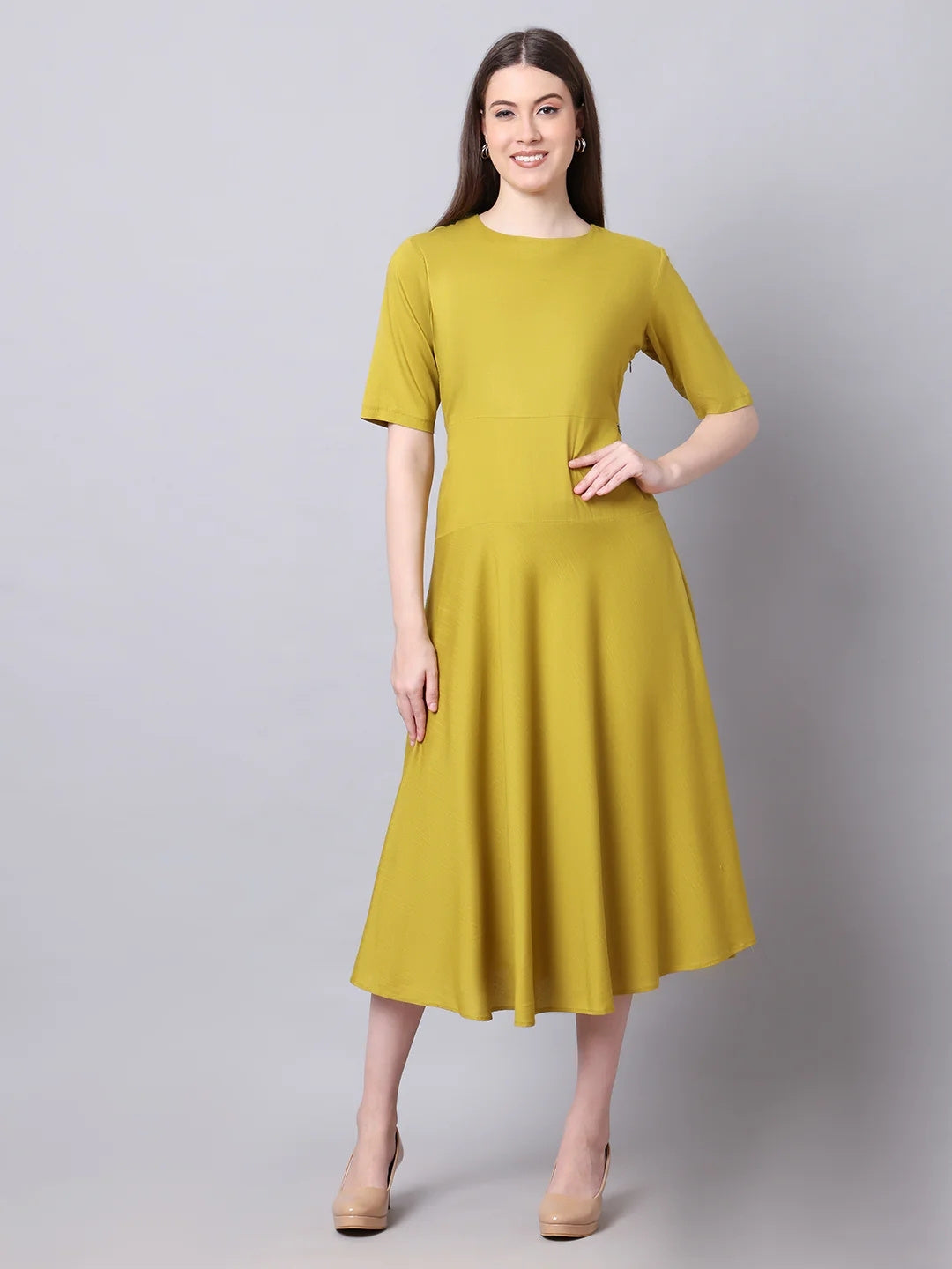 Exude Resilient Radiance Midi Flare Dress with Sleeves Lime Dresses