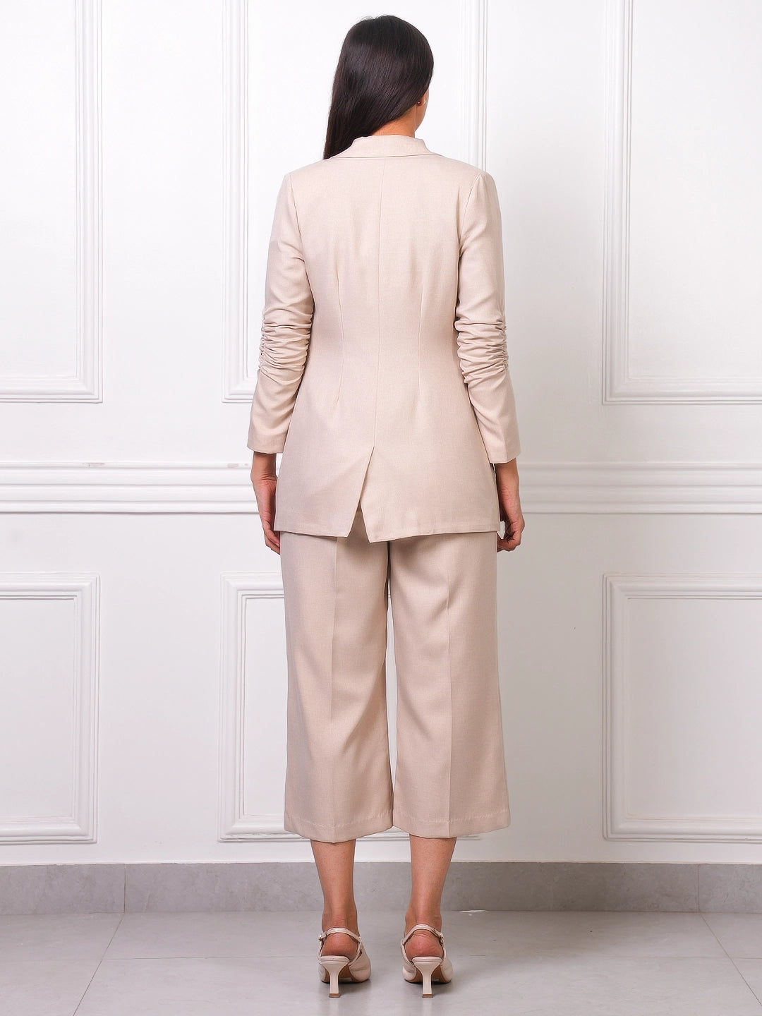 Exude Beige Linen Blazer &amp; Culottes Co-ord Set