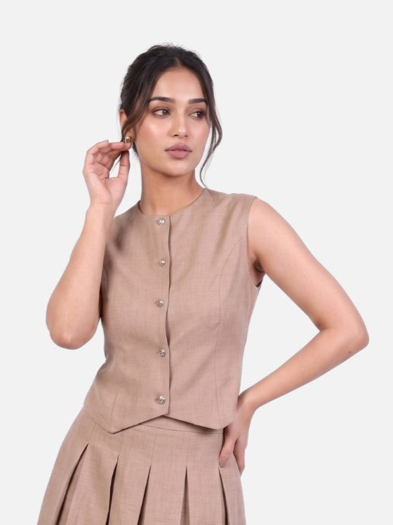 Beige Linen Pearl Button Waistcoat Vest
