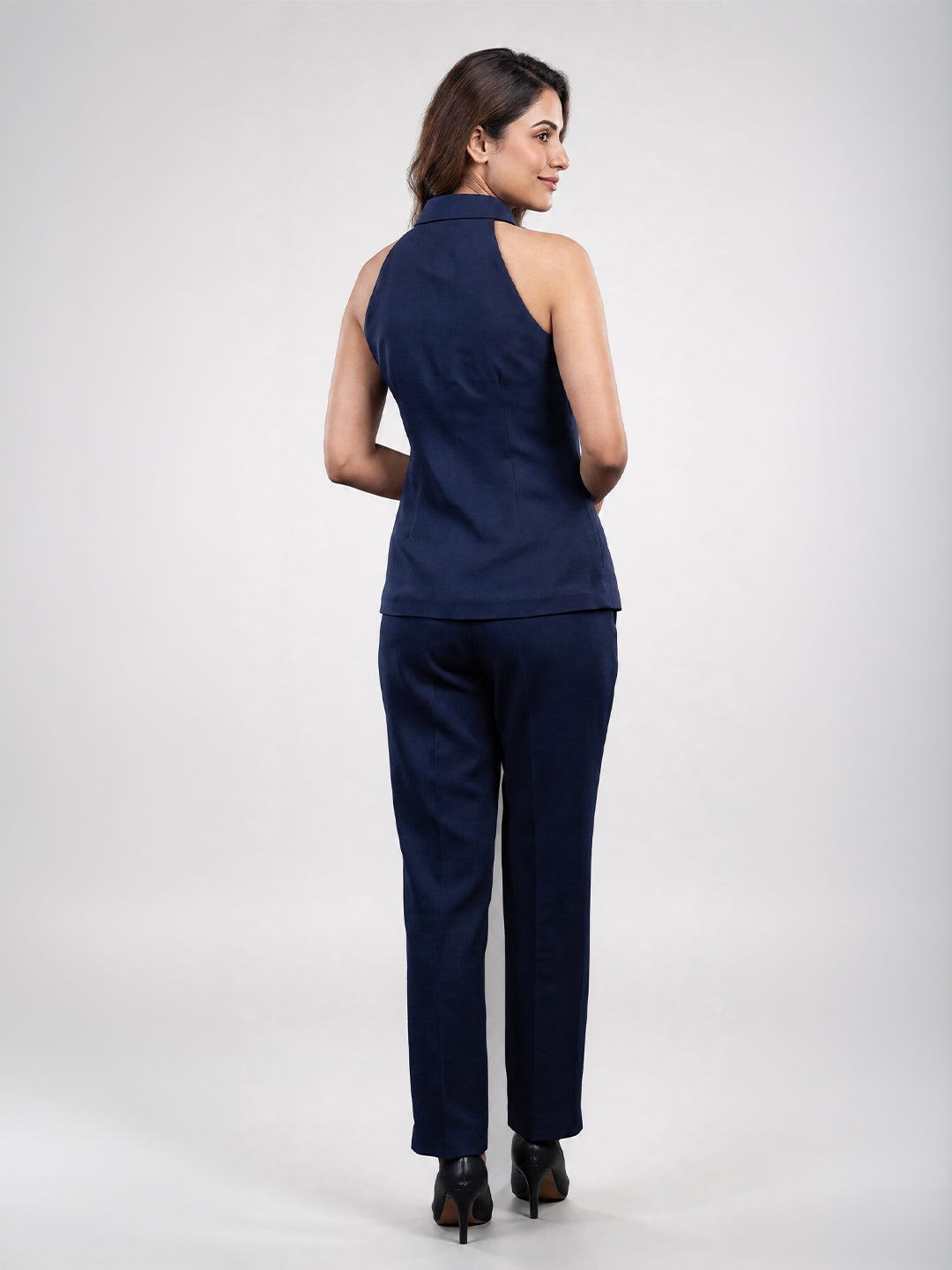 Navy Blue Halter Collar Top &amp; Straight Leg Trouser Co-ord Set