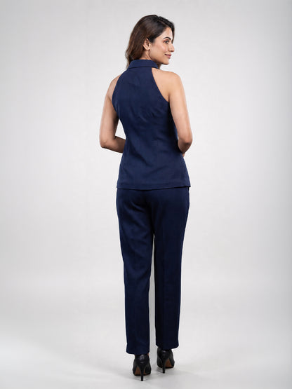 Navy Blue Halter Collar Top &amp; Straight Leg Trouser Co-ord Set