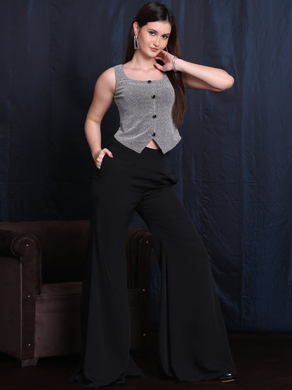 Exude Starlit Elegance 2 Piece Co-ord Set, Silver Waistcoat and Black Chiffon Trouser