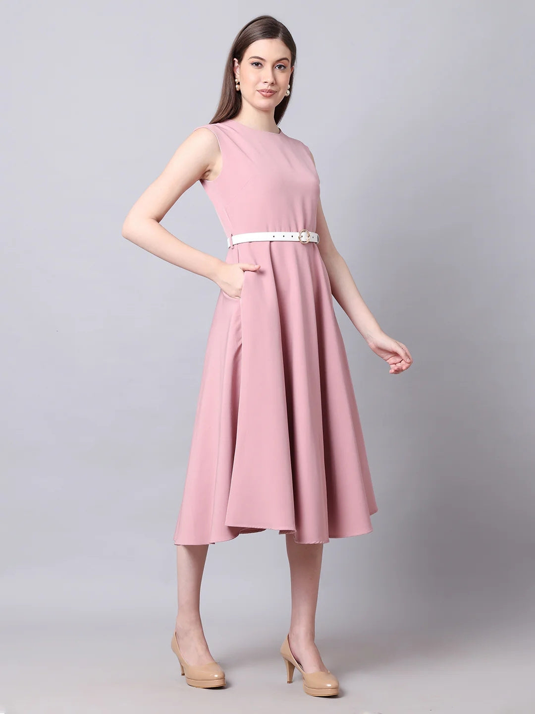 Exude Warmth Fit & Flare Dress with Belt Blush Pink Dresses