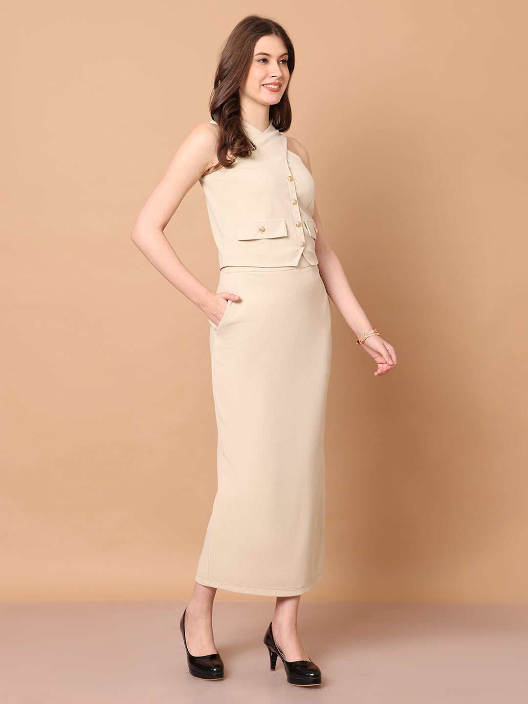Exude Runway-Ready Long Skirt with Halter Top (Beige)