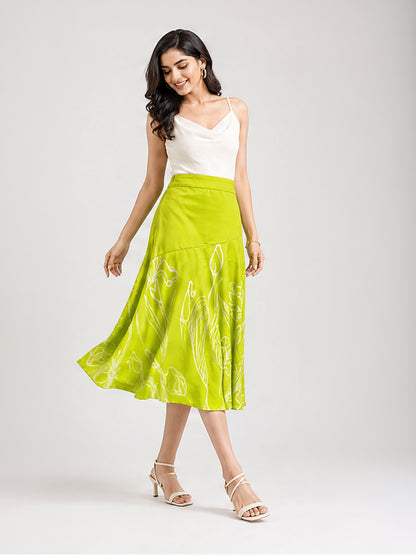 Lime Green Floral Line Art A-Line Midi Skirt