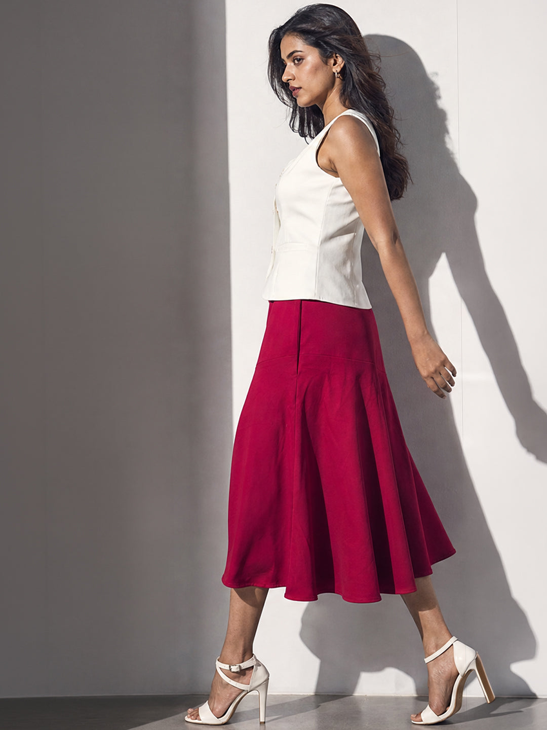White Peplum Top &amp; Red Flared Midi Skirt Set