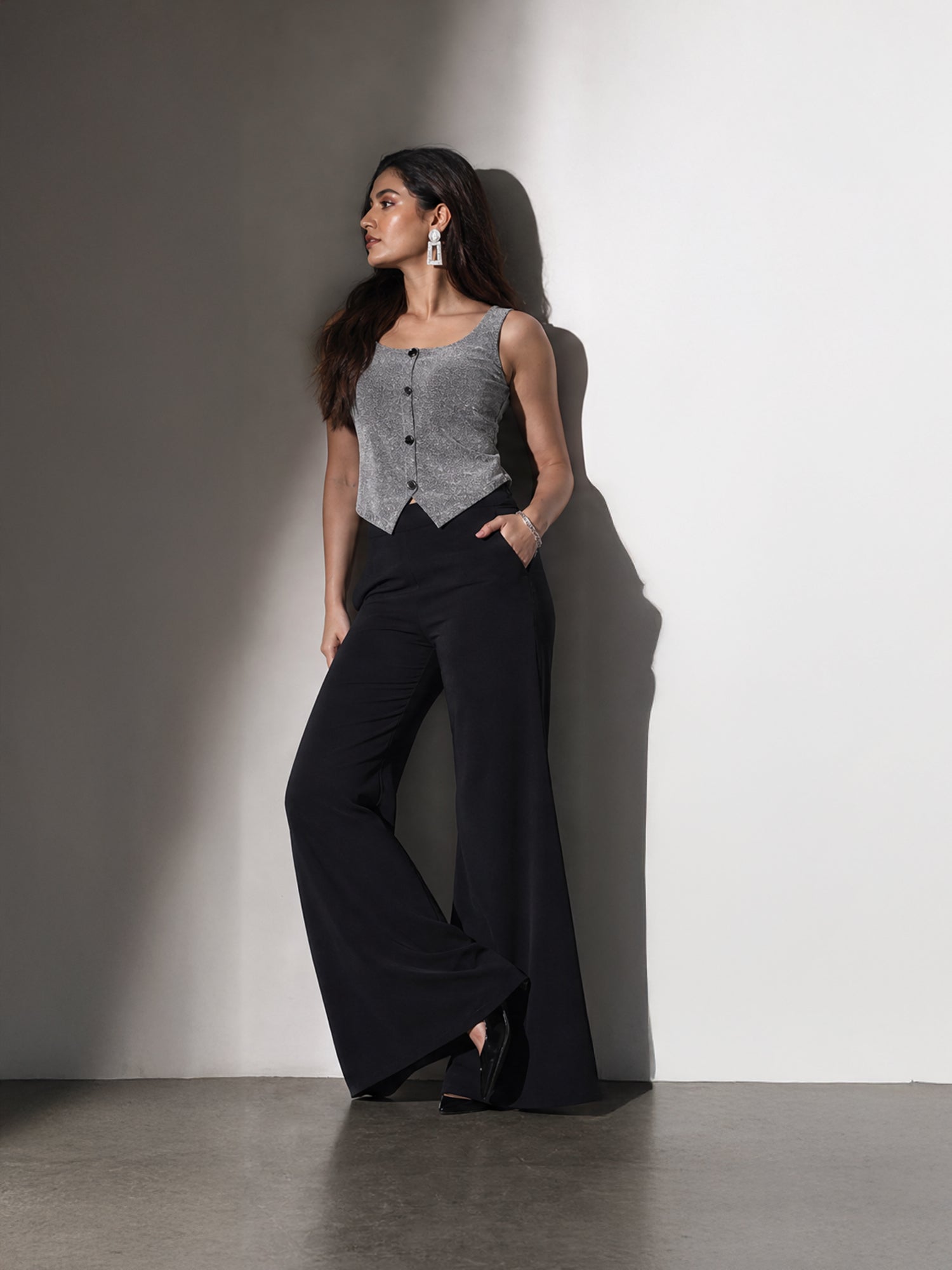 Exude Starlit Elegance 2 Piece Co-ord Set, Silver Waistcoat and Black Chiffon Trouser