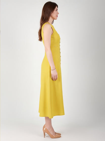 Exude Glowing Front Button Dress With Pockets (Lime Green)