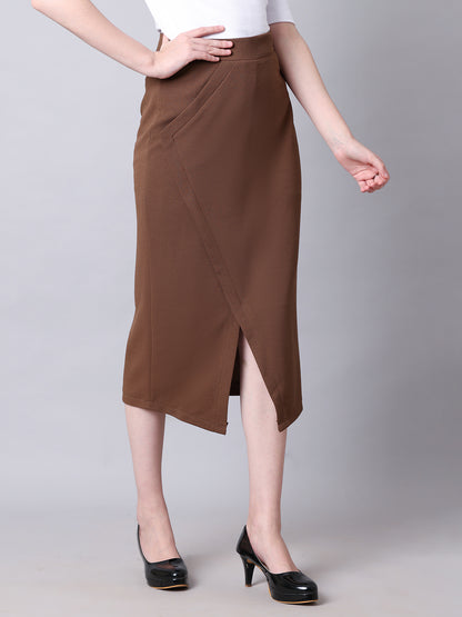 Exude Euphoria Pencil Midi Skirt with Front Slit (Coffee)