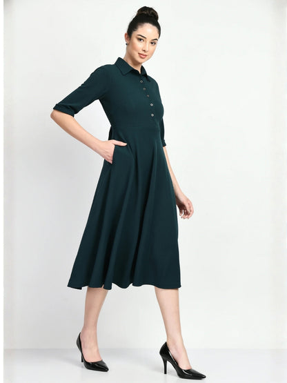 Exude Serenity Fit and Flared Shirt Midi Dress Emerald Green Dresses