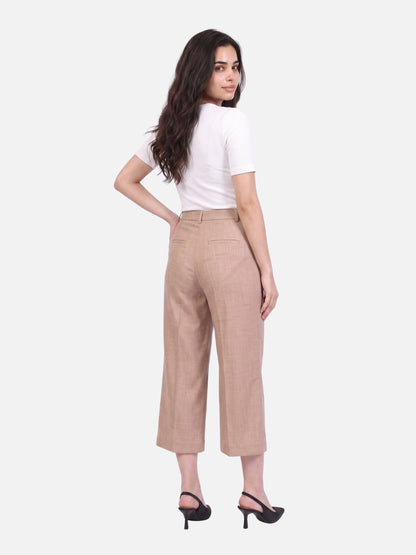 Beige Linen Blend High-Waist Pleated Culottes