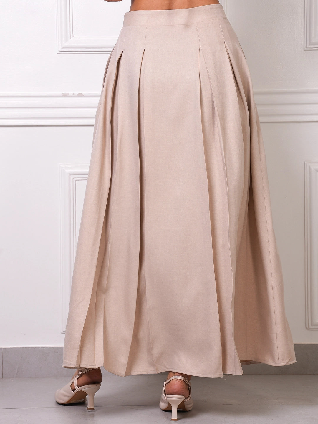 Beige Linen Pleated A-Line Maxi Skirt