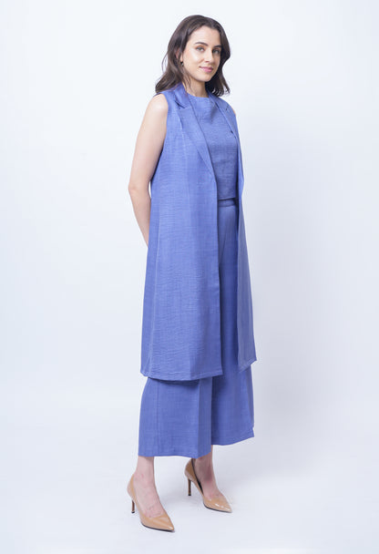 Exude Lustrous Long Jacket , Top with Wide Leg Trouser (Twill Blue )