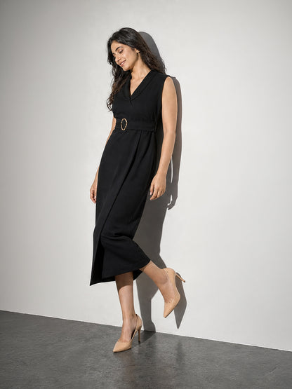 Noir Shawl-Collar Belted Wrap Dress