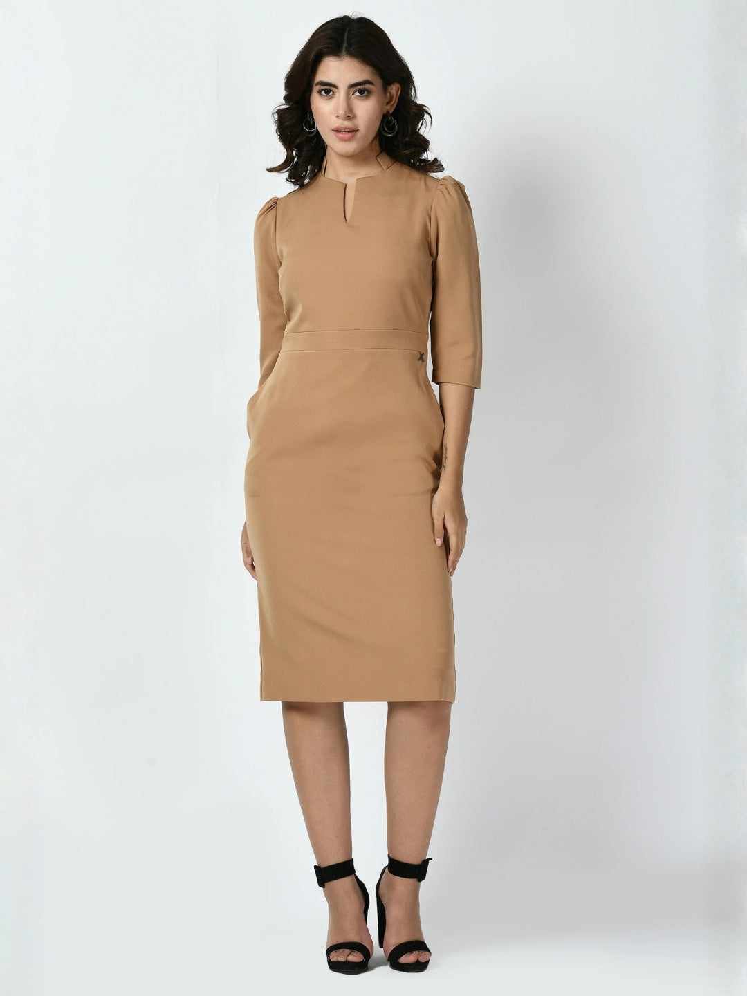 Exude Grace Puff Sleeves Sheath Dress Beige Dresses