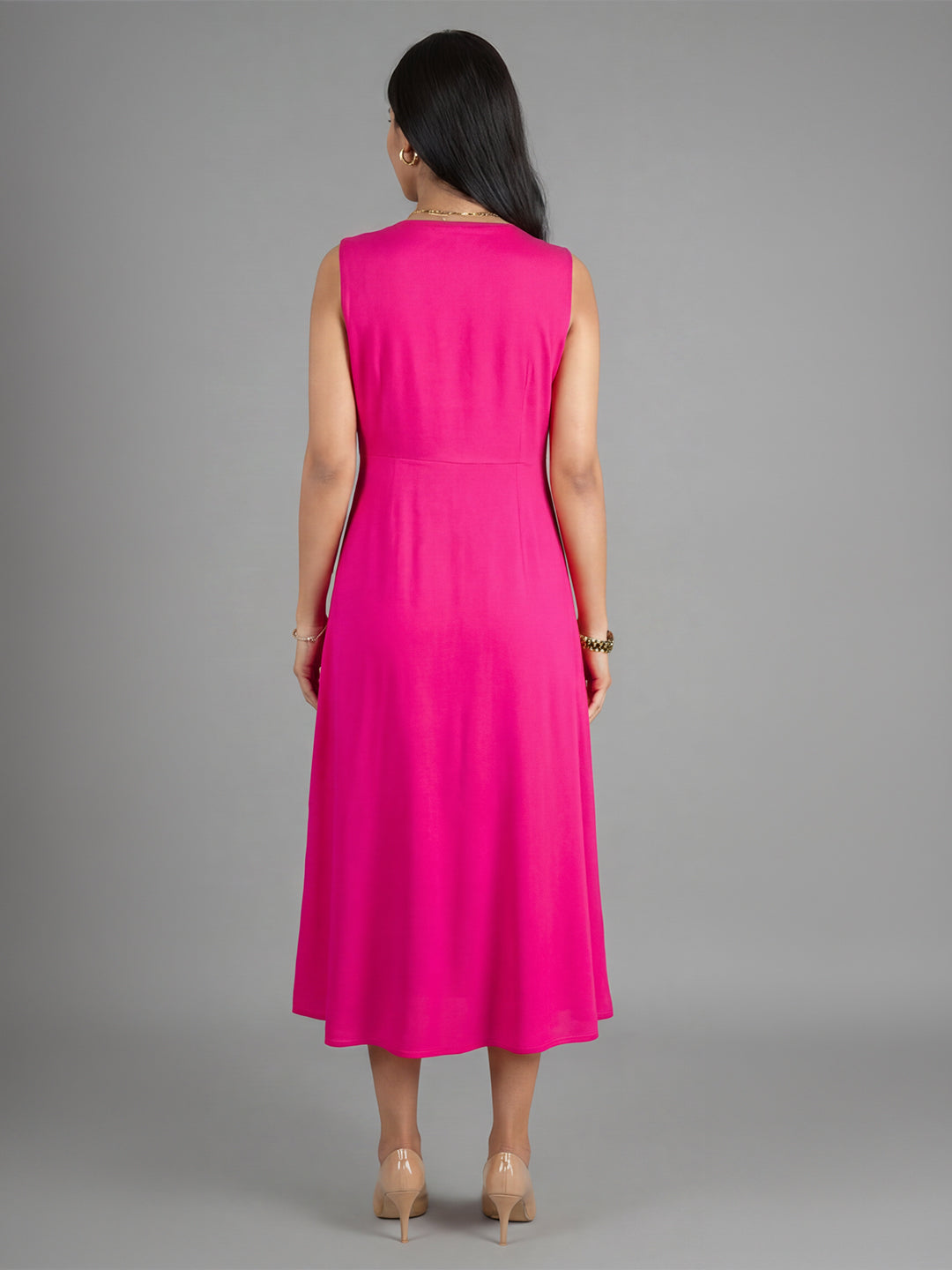 Exude Glowing Front Button Dress With Pockets (Fuscia)