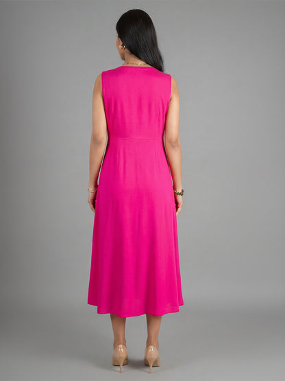 Exude Glowing Front Button Dress With Pockets (Fuscia)