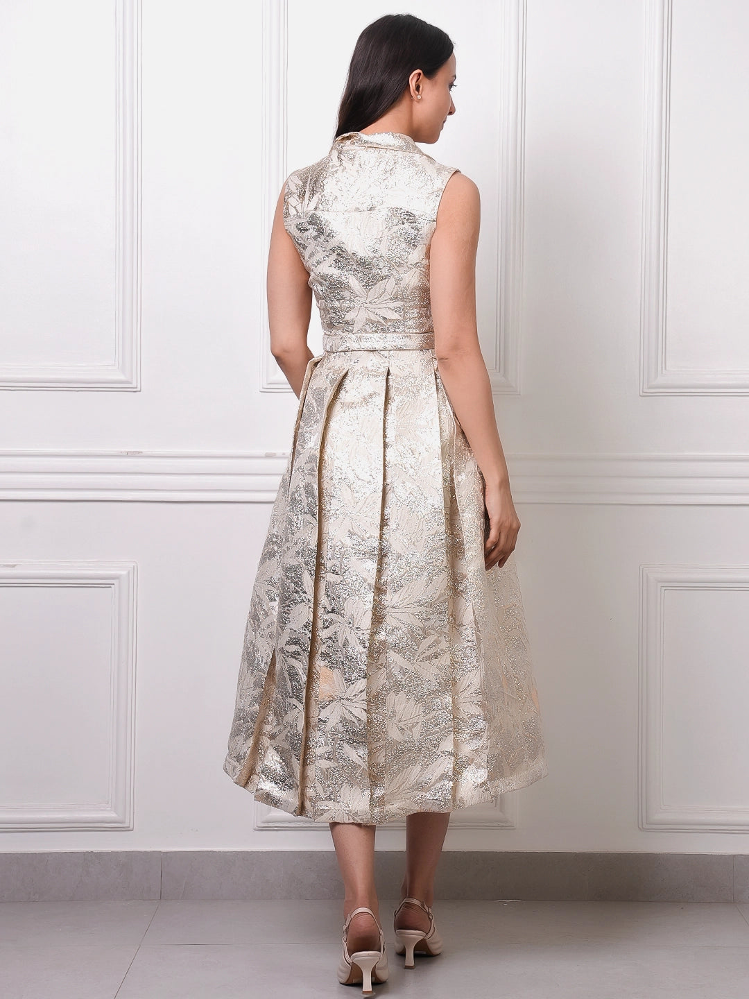 Gold Jacquard Belted Midi Dress