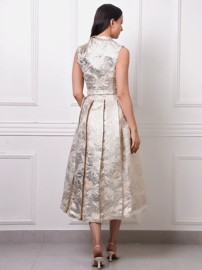 Gold Jacquard Belted Midi Dress