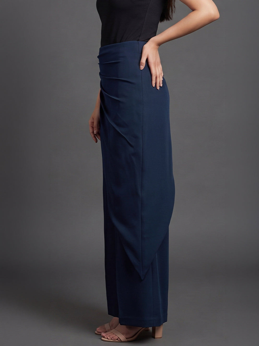 Navy Blue Draped Wrap Wide Leg Trousers with Tie Detail