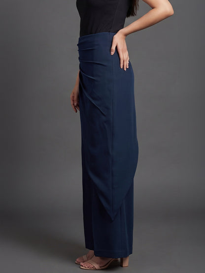 Navy Blue Draped Wrap Wide Leg Trousers with Tie Detail