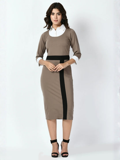 Exude Paramount Shirt Colour blocked Sheath Dress Camel Beige Dresses