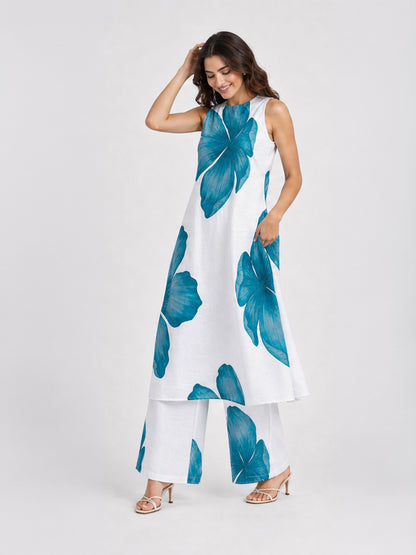 White Teal Floral Print Sleeveless Kurta Palazzo Set