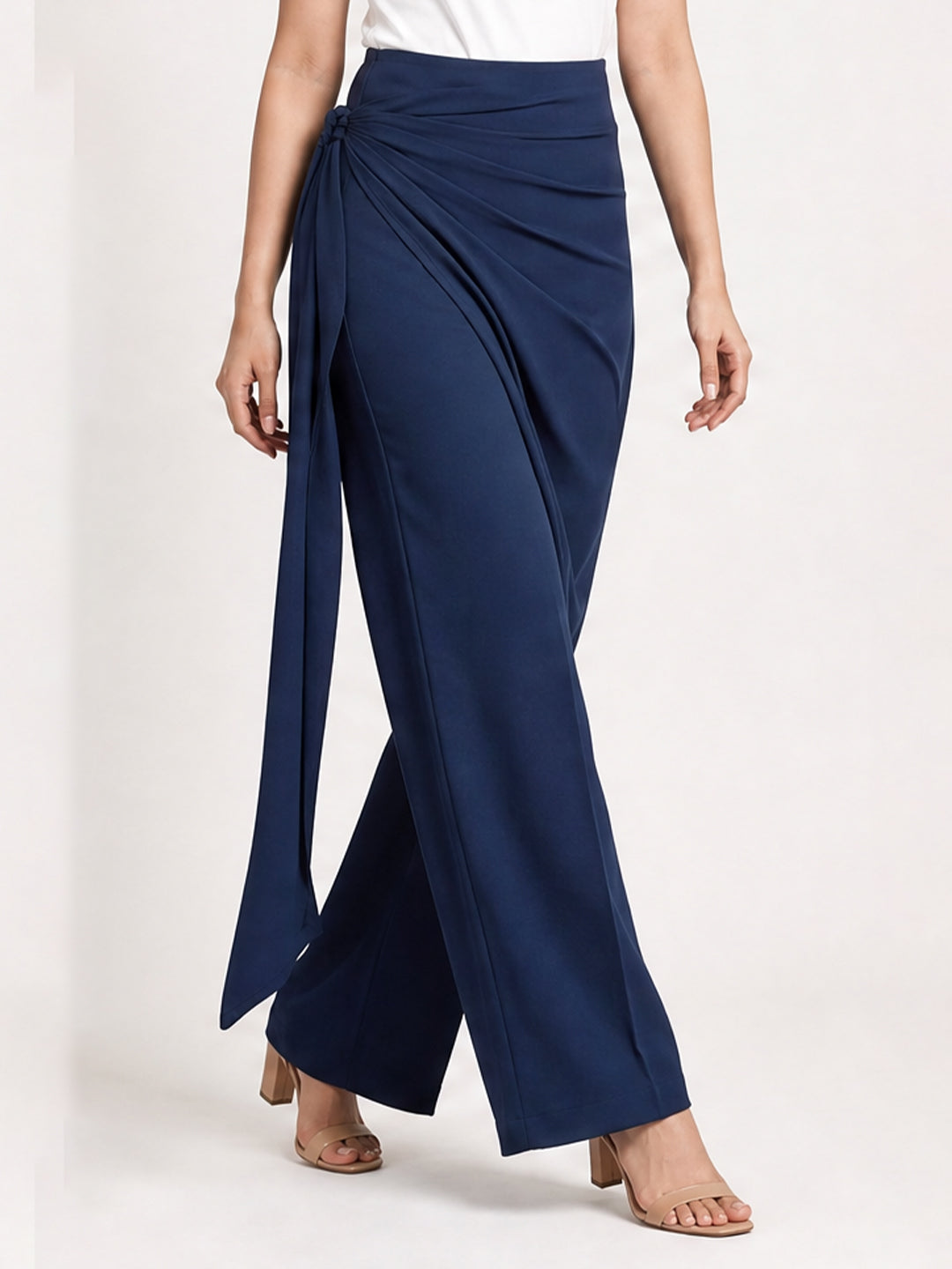 Navy Blue Draped Wrap Wide Leg Trousers with Tie Detail