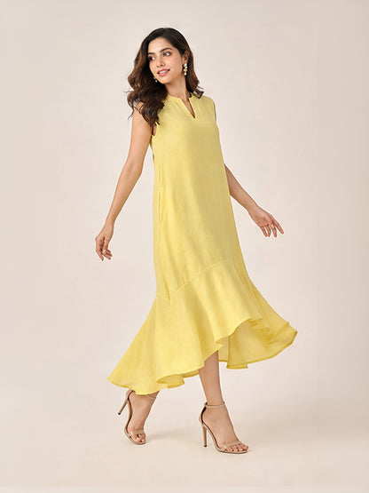 Yellow Solid Sleeveless Ruffle A-Line Dress
