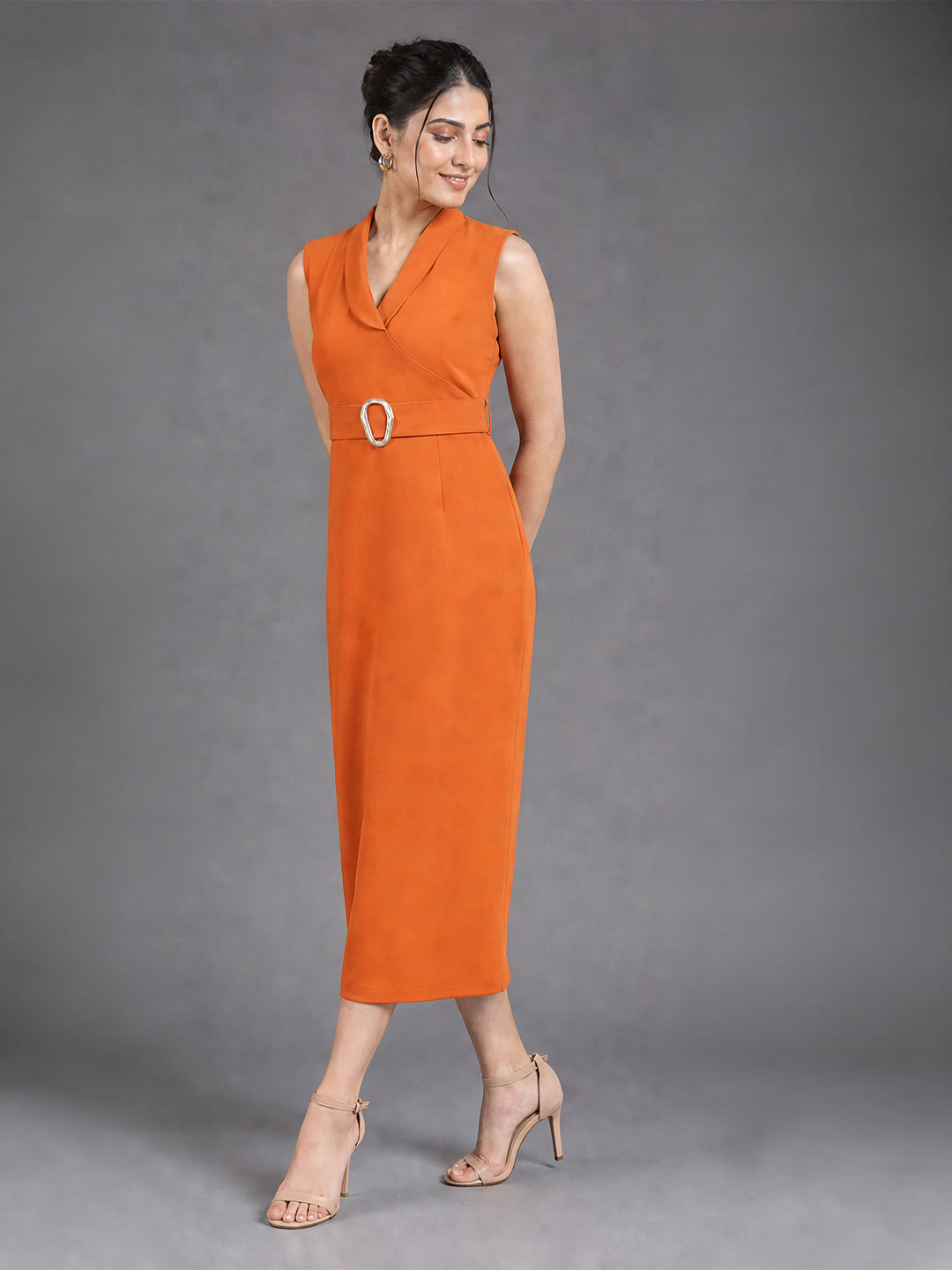 Rust Orange Belted Midi Sheath Dress with Lapel Neckline