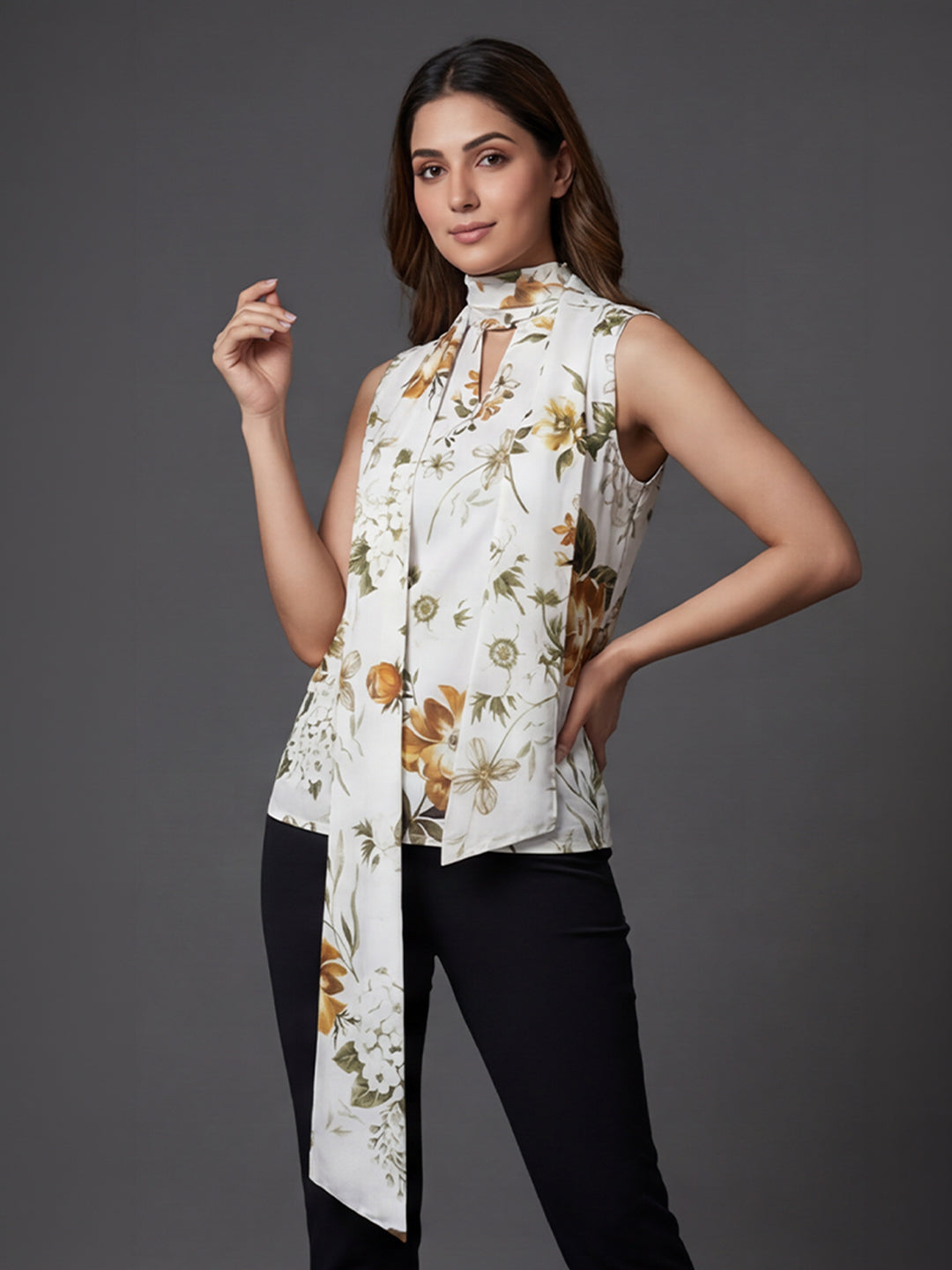 Ivory Floral Print Sleeveless Top with Attached Scarf