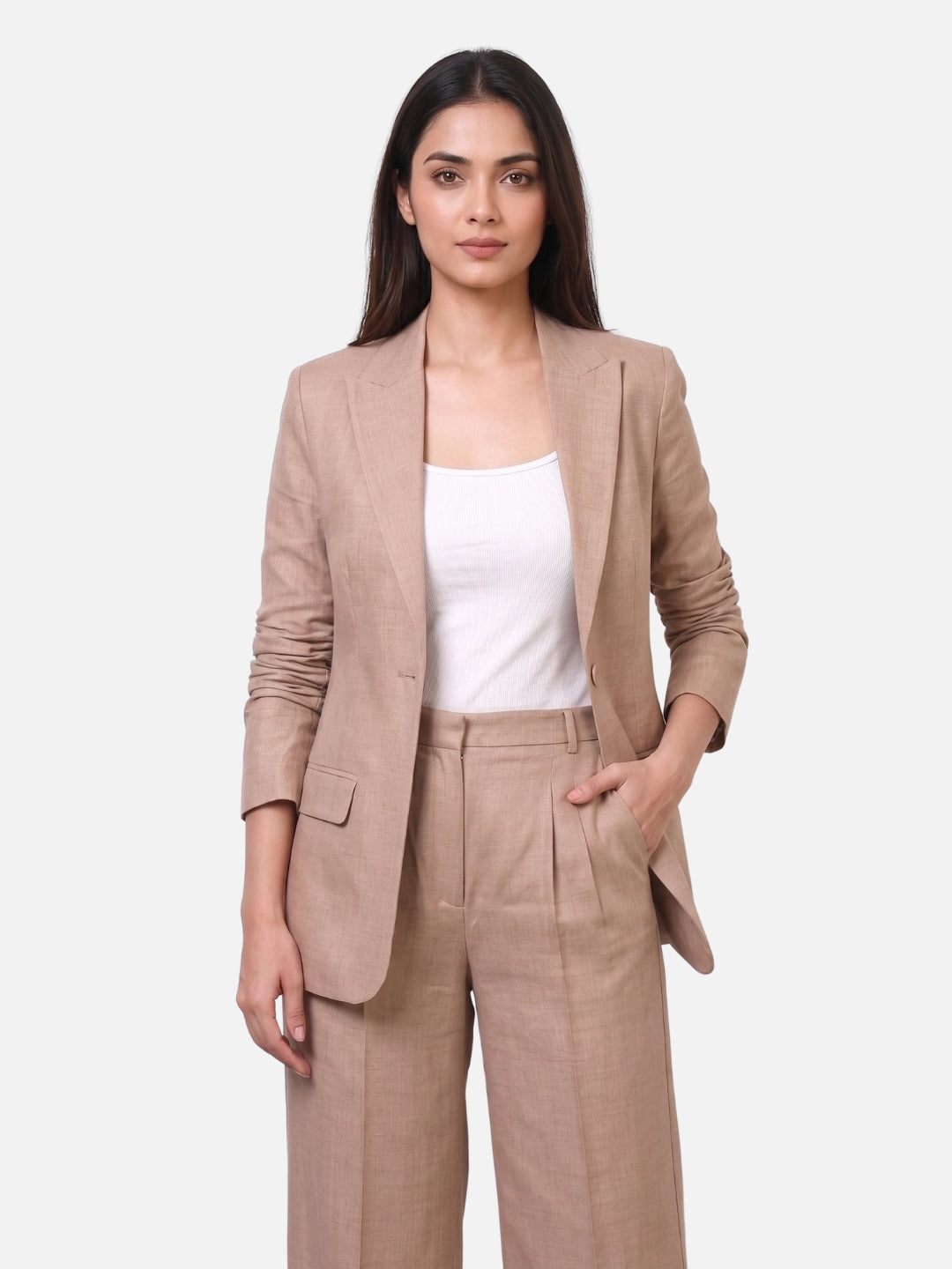 Exude Beige Linen Blazer &amp; Culottes Co-ord Set