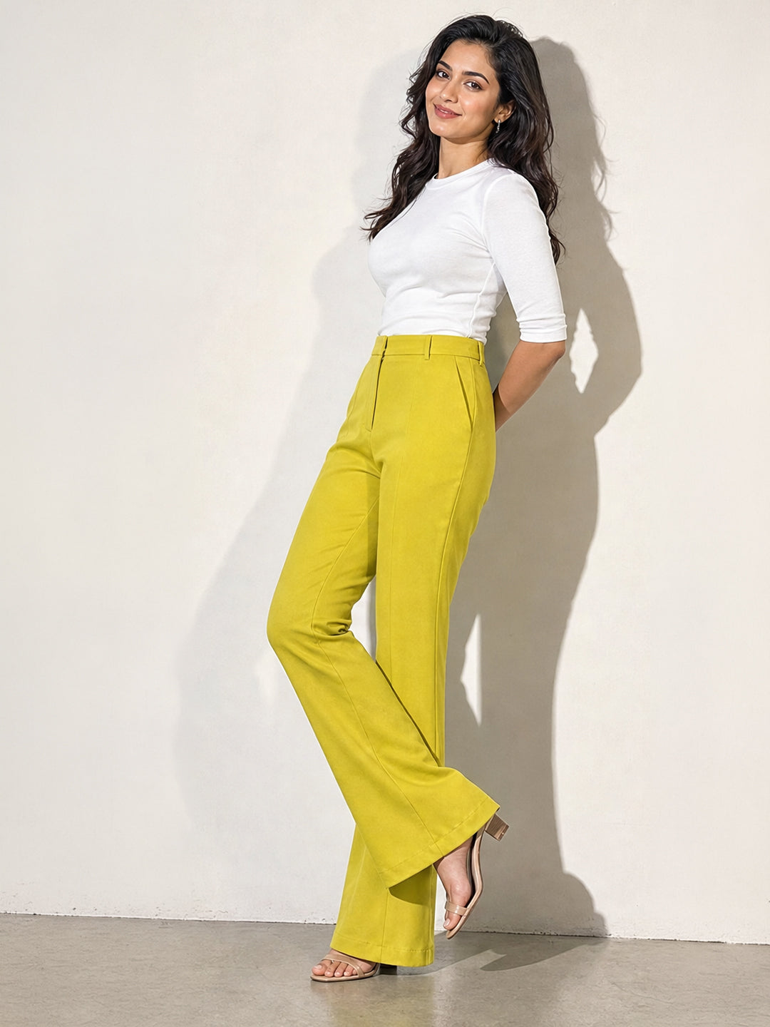 Lime Green High-Waisted Flared Trousers